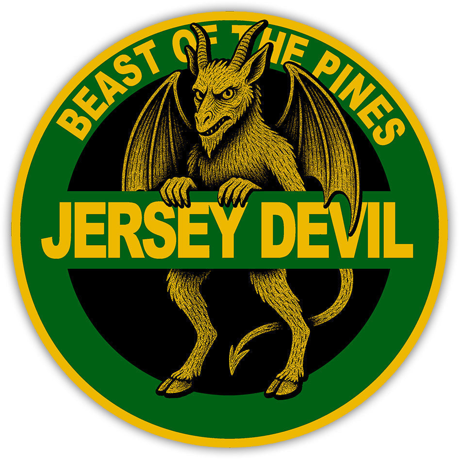 Jersey Devil Highway Sign Sticker featuring iconic Pine Barrens folklore design