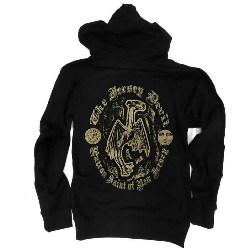 Unisex black and gold zip-up hoodie with Jersey Devil graphic design on the back and chest