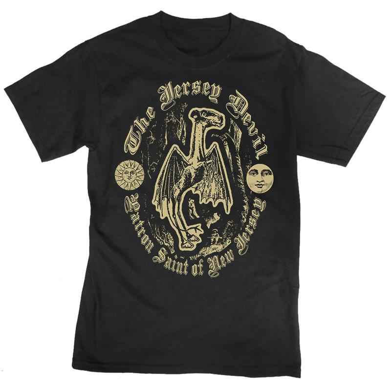Unisex Jersey Devil Patron Saint graphic t-shirt in black and cream cotton.