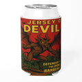 Vintage comic style Jersey Devil Number One can cooler in red, brown, and green colors.