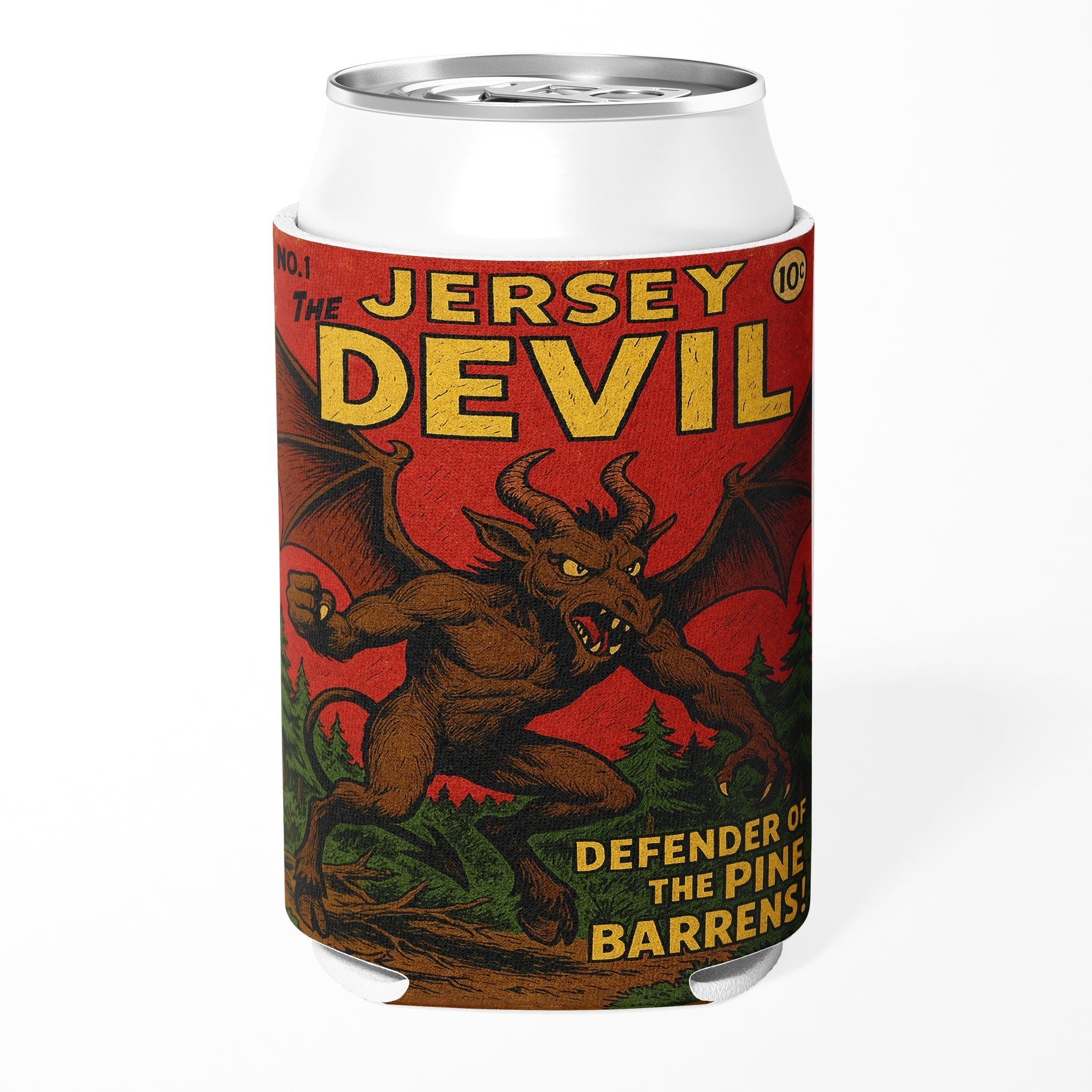 Vintage comic style Jersey Devil Number One can cooler in red, brown, and green colors.