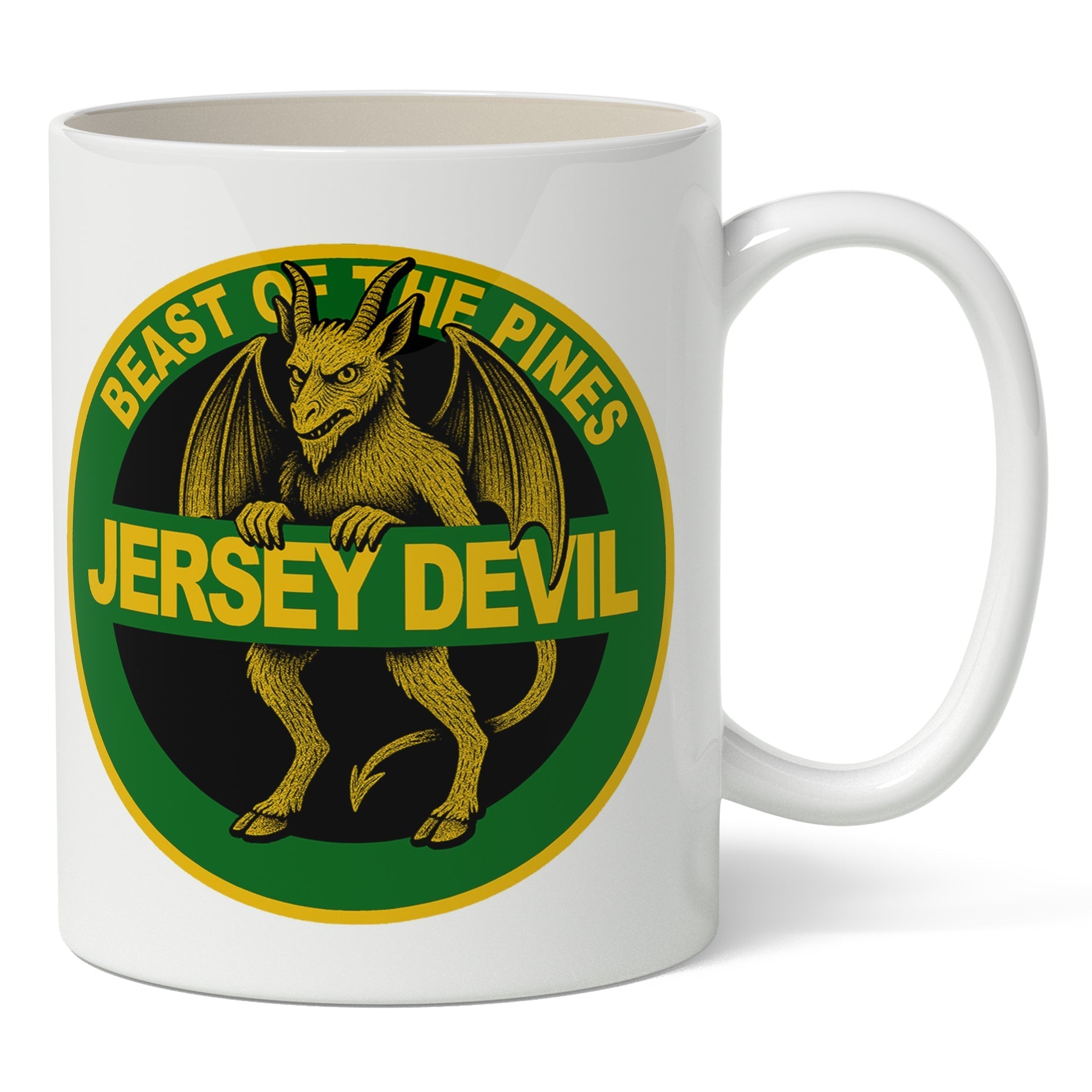Green and white Jersey Devil highway sign design on a premium ceramic coffee mug