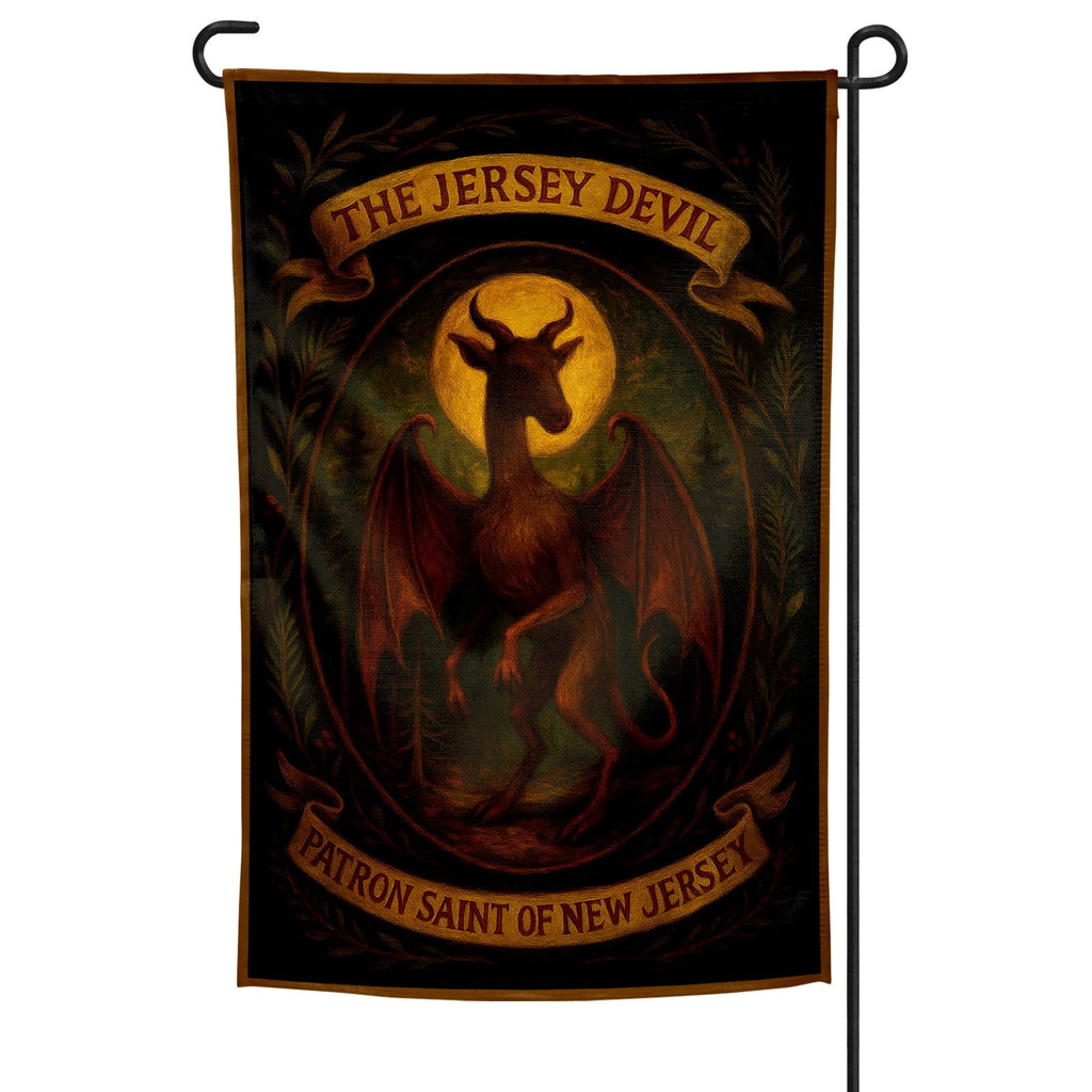 Jersey Devil Patron Saint of New Jersey garden flag in black, brown, and gold colors.