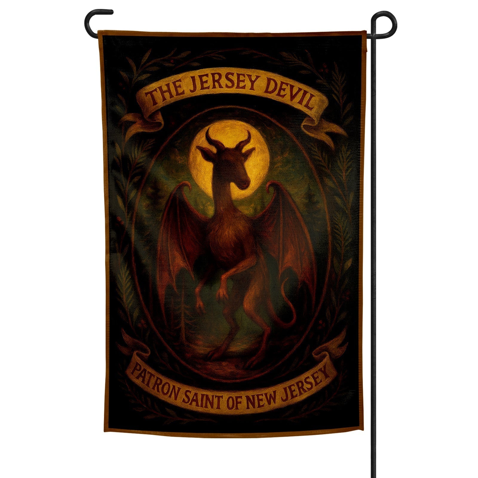 Jersey Devil Patron Saint of New Jersey garden flag in black, brown, and gold colors.