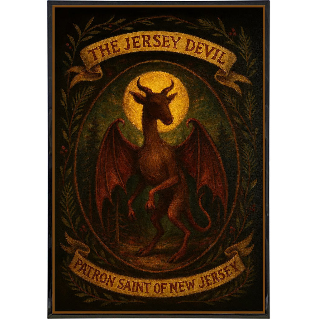 Jersey Devil Patron Saint of New Jersey gothic poster print in black, gold, and dark-red colors.