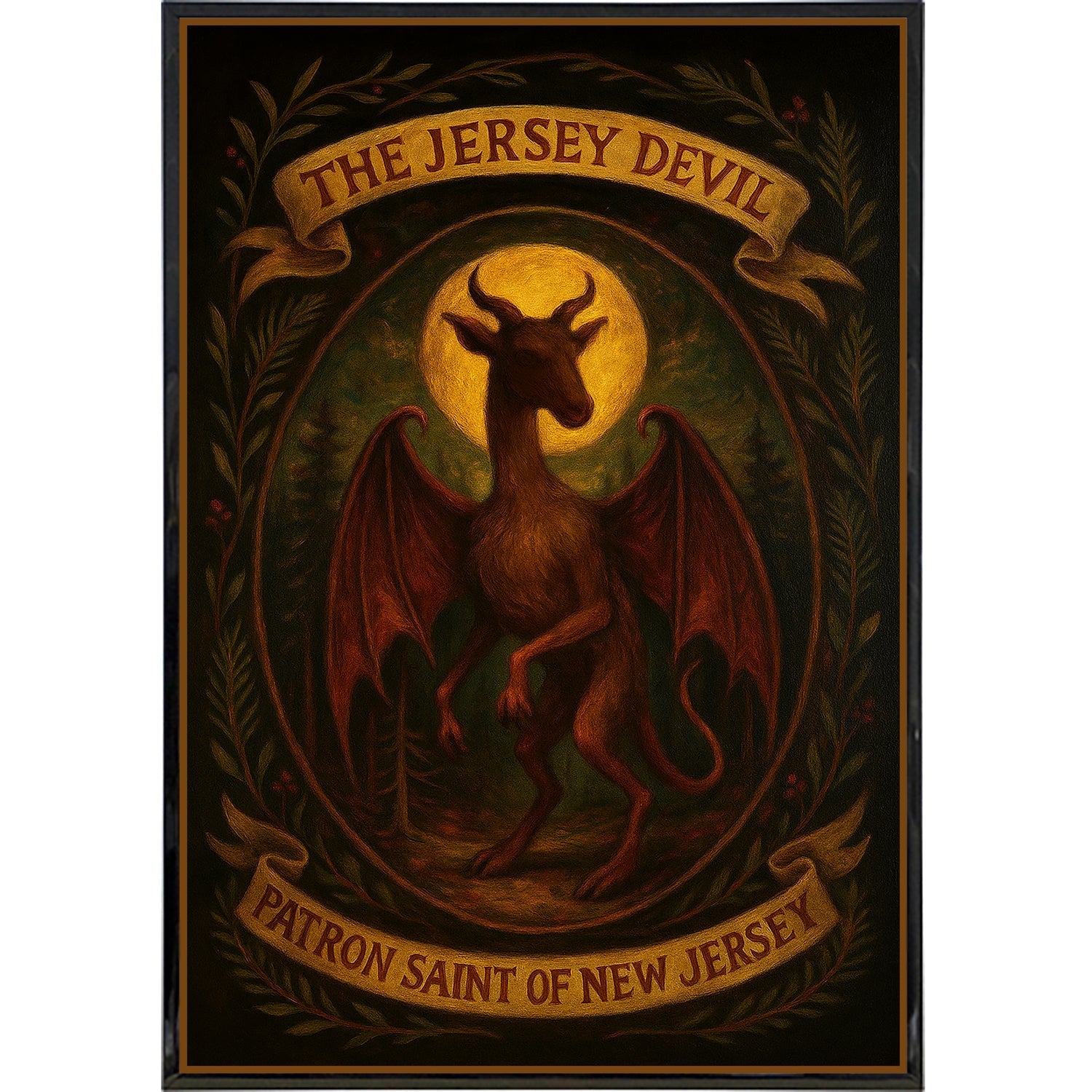 Jersey Devil Patron Saint of New Jersey gothic poster print in black, gold, and dark-red colors.