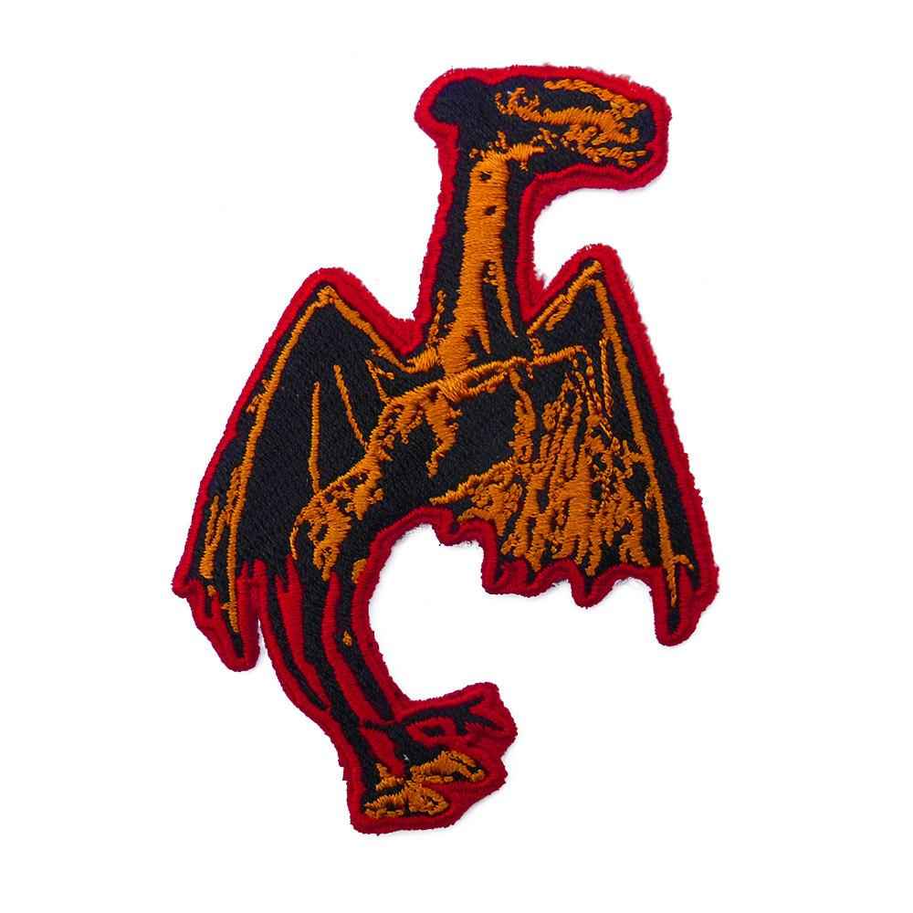 Jersey Devil embroidered patch in fiery red, orange, and black threads for streetwear jackets and bags.