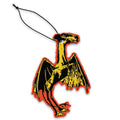 Jersey Devil silhouette air freshener in black, orange, and yellow hanging in a car