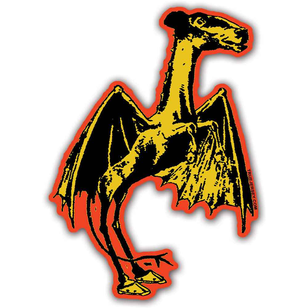 Jersey Devil die-cut vinyl sticker with black and yellow graphic on an orange background