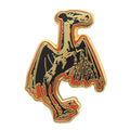 Jersey Devil enamel pin featuring a black, red, and gold design of the legendary cryptid.