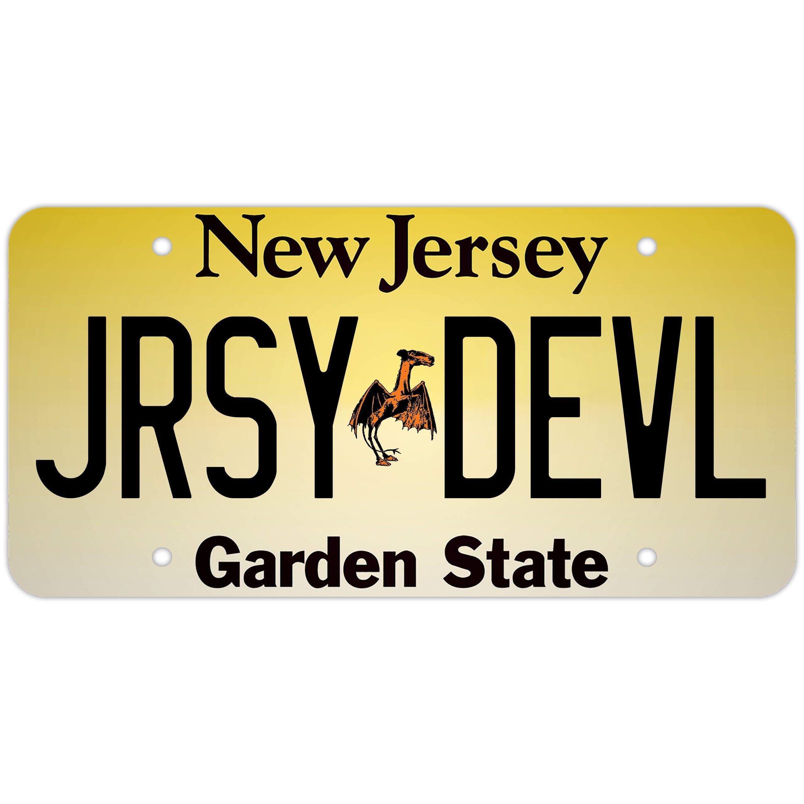 Jersey Devil decorative license plate made of solid aluminum with pre-drilled mounting holes.