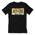 Unisex Jersey Girl License Plate graphic t-shirt in black and yellow with crew neck and short sleeves.