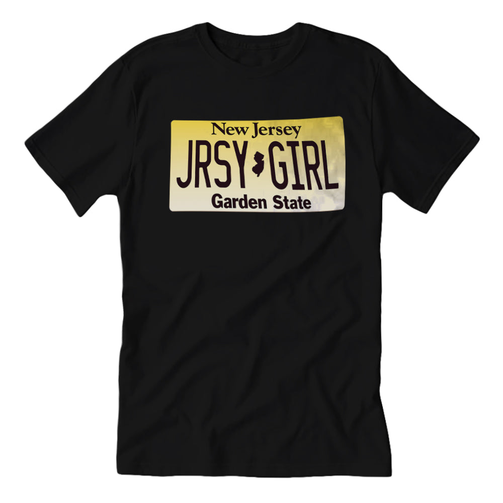 Unisex Jersey Girl License Plate graphic t-shirt in black and yellow with crew neck and short sleeves.