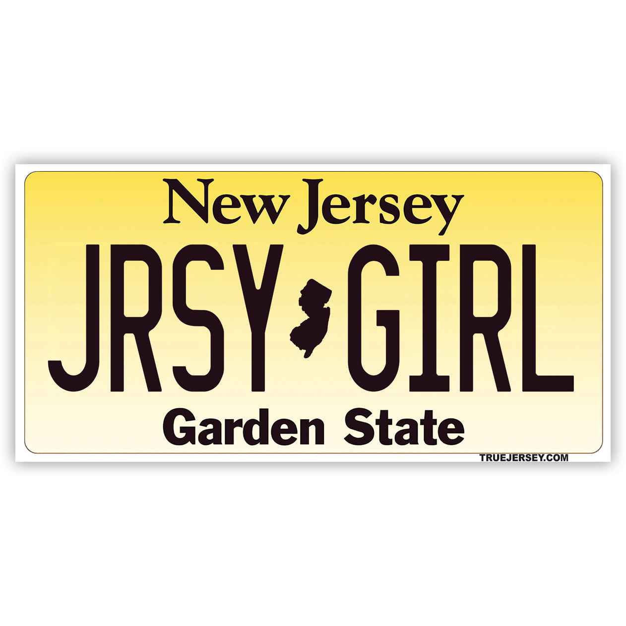 Jersey Girl license plate style vinyl sticker measuring 4 by 2 inches