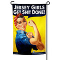 Jersey Girls Get Stuff Done garden flag measuring 12x18 inches on a metal stand.