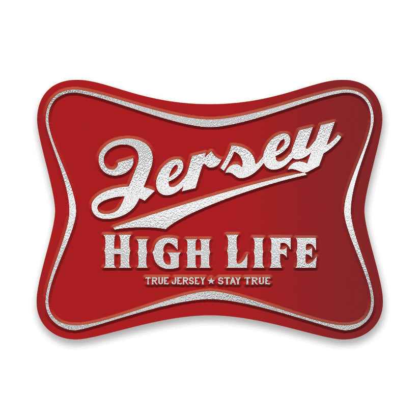 Jersey High Life metal enamel pin with a secure butterfly clasp, 1-inch diameter