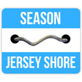 Jersey Shore beach badge sticker in bright azure blue and white, featuring a retro design