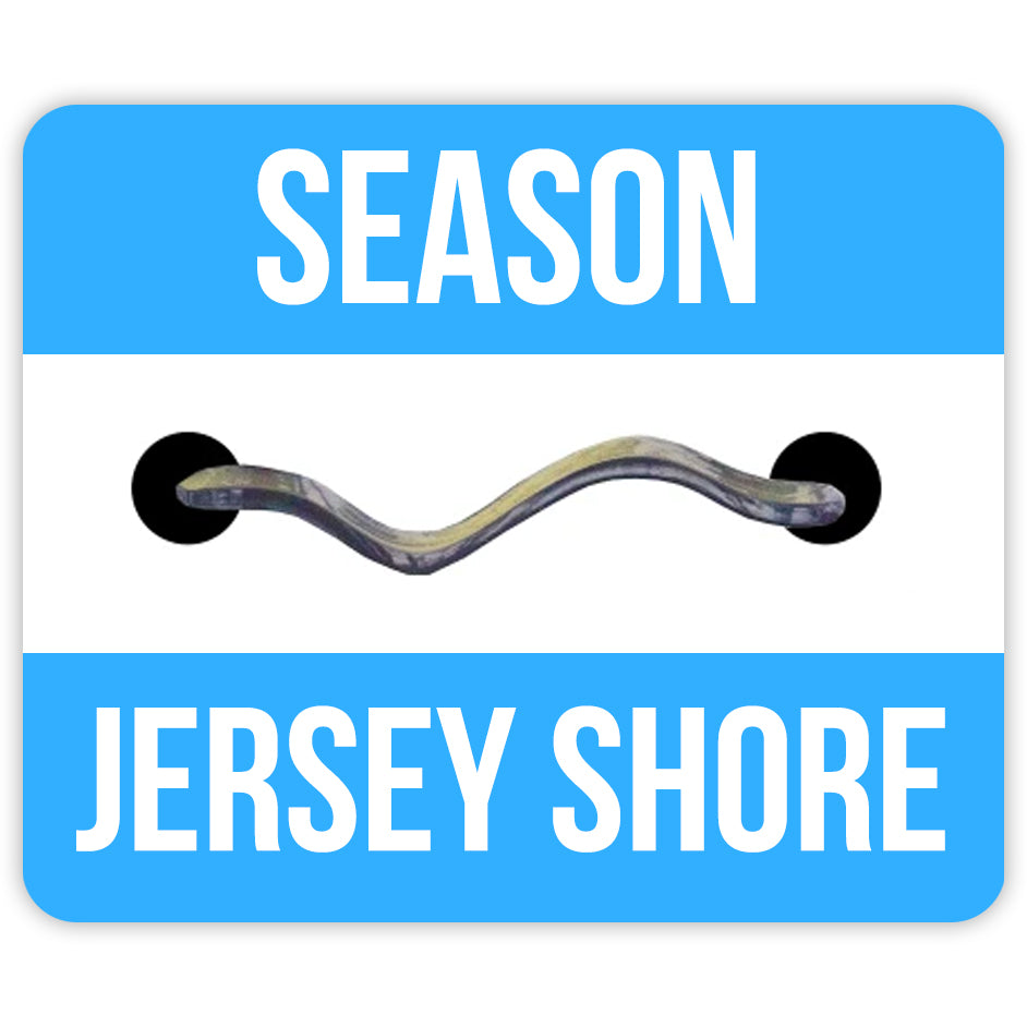 Jersey Shore beach badge sticker in bright azure blue and white, featuring a retro design
