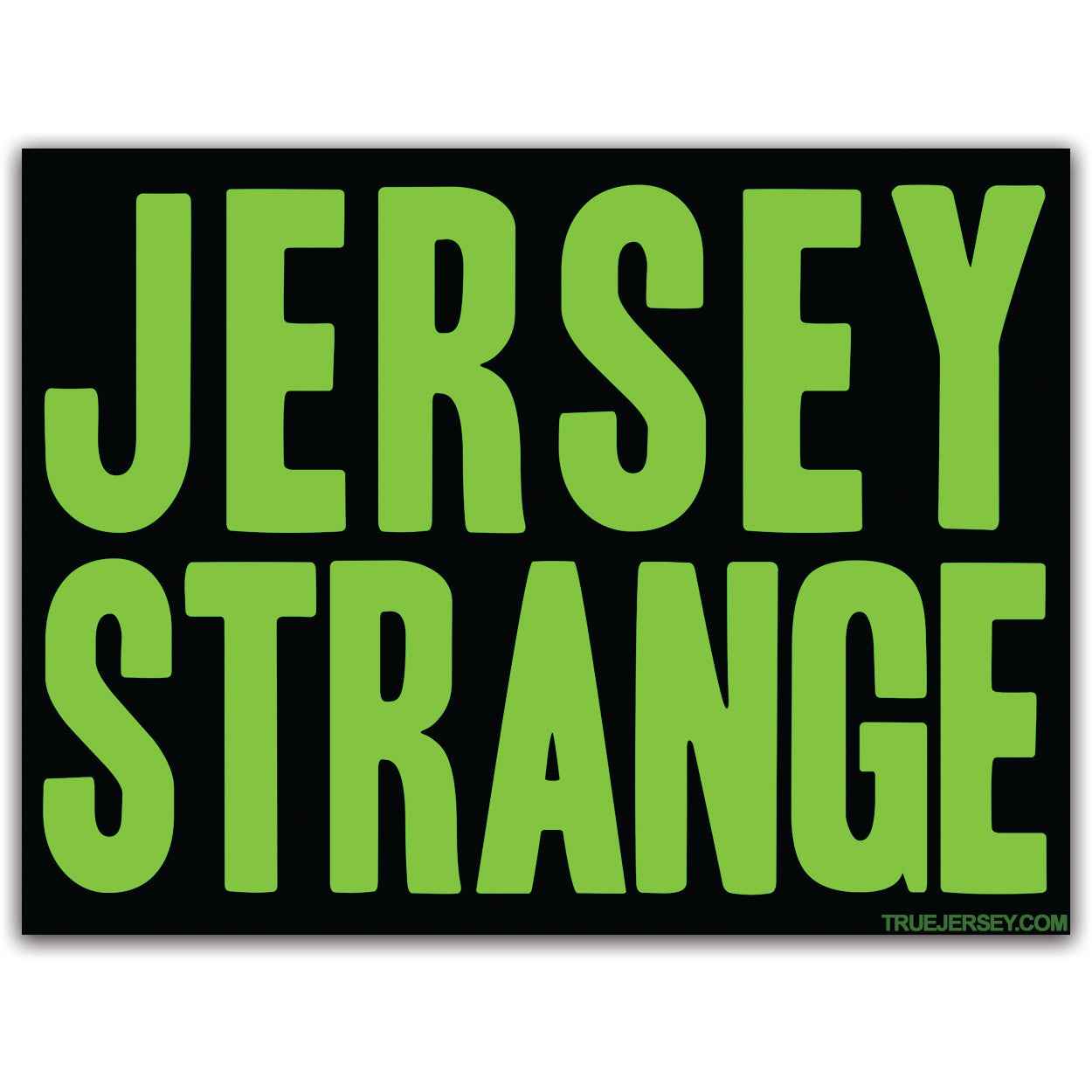 A black and lime green Jersey Strange vinyl sticker on a white background, streetwear style.
