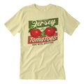 Unisex vintage-style crewneck t-shirt in pale yellow with a red and forest green Jersey Tomatoes graphic