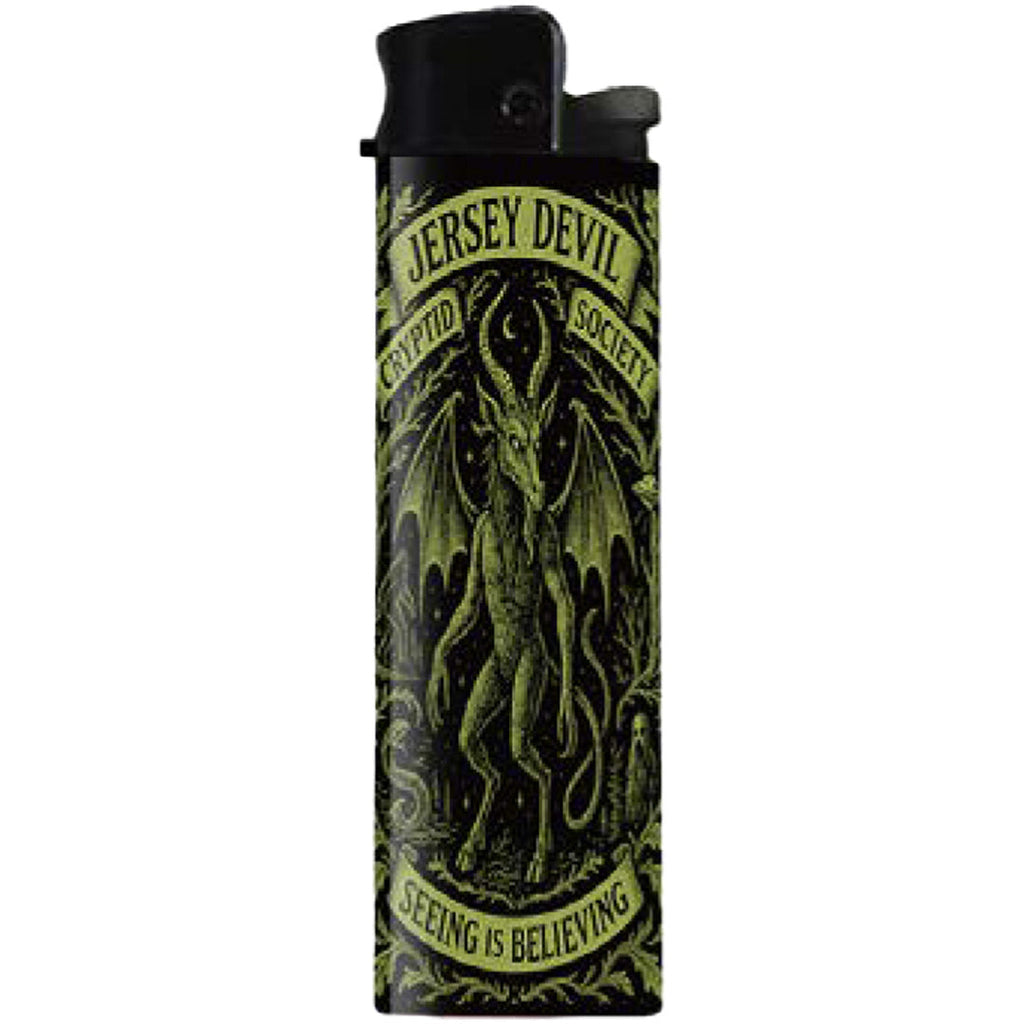 Jersey Devil Cryptid Society disposable lighter featuring Pine Barrens folklore graphic