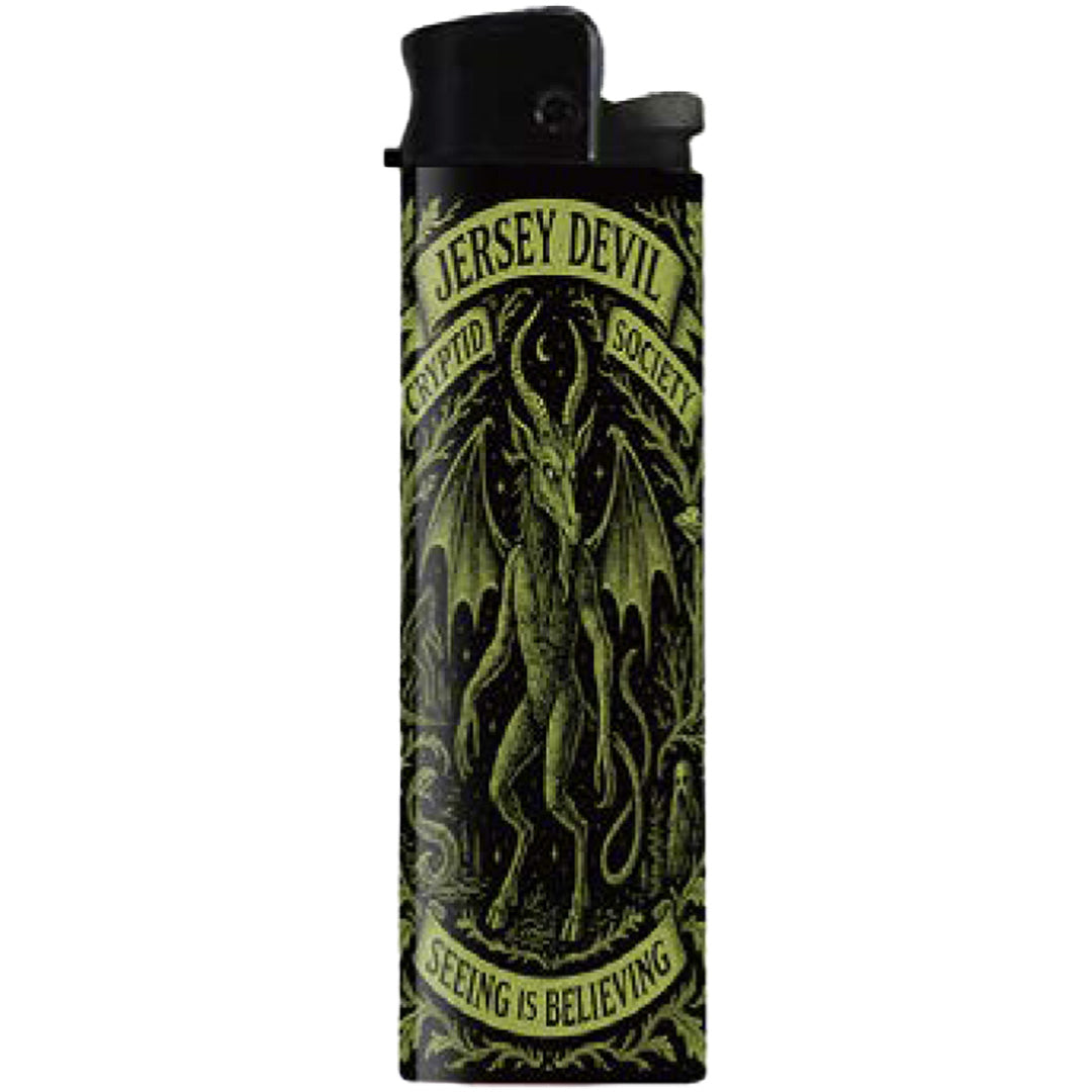 Jersey Devil Cryptid Society disposable lighter featuring Pine Barrens folklore graphic