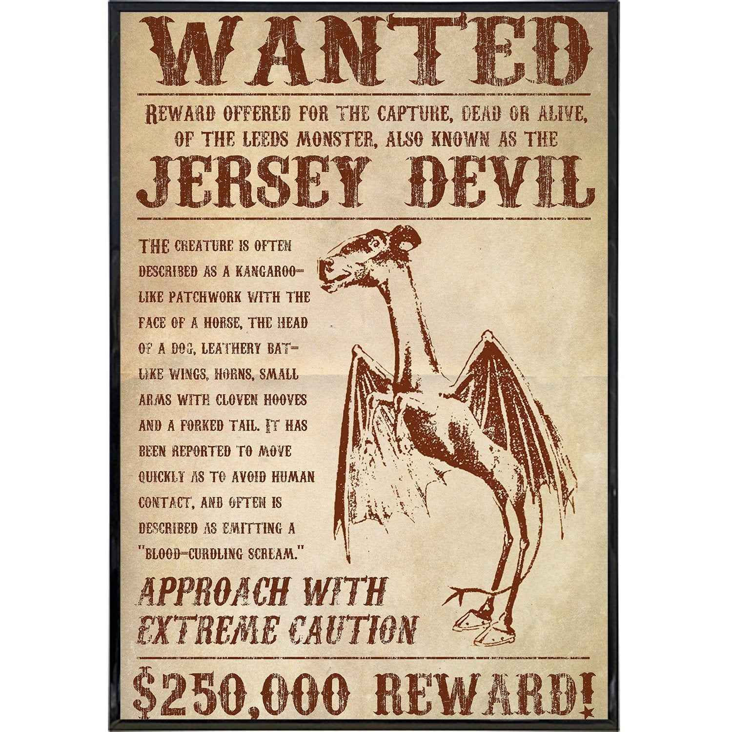 Vintage-style Jersey Devil Wanted poster print featuring dark folklore aesthetic for home wall decor