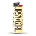 Jersey Girl license plate themed BIC lighter with pale yellow background and black typography