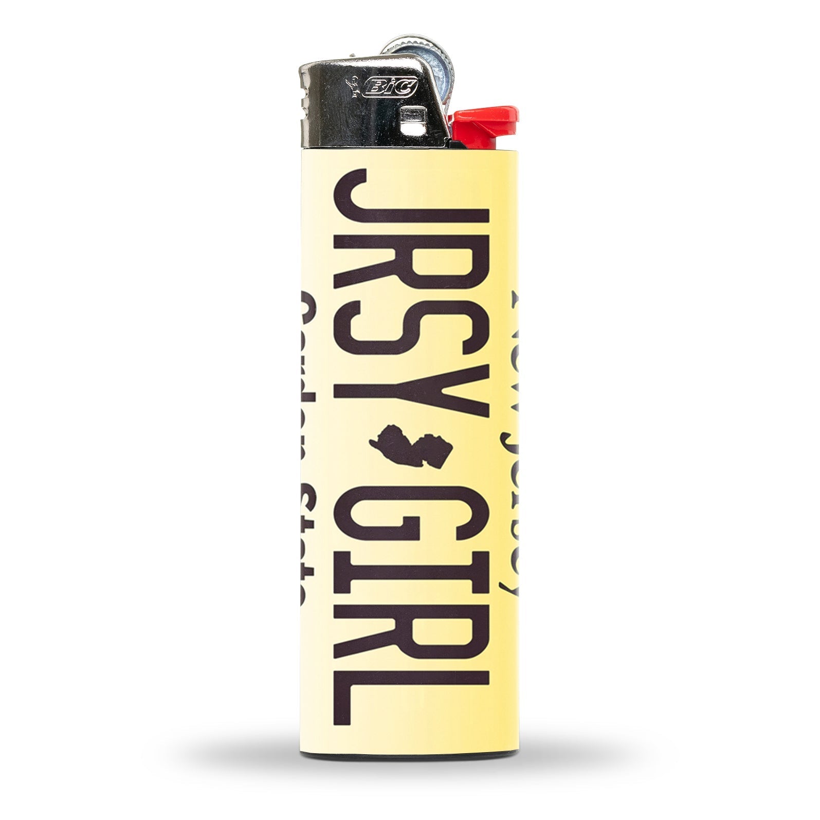 Jersey Girl license plate themed BIC lighter with pale yellow background and black typography