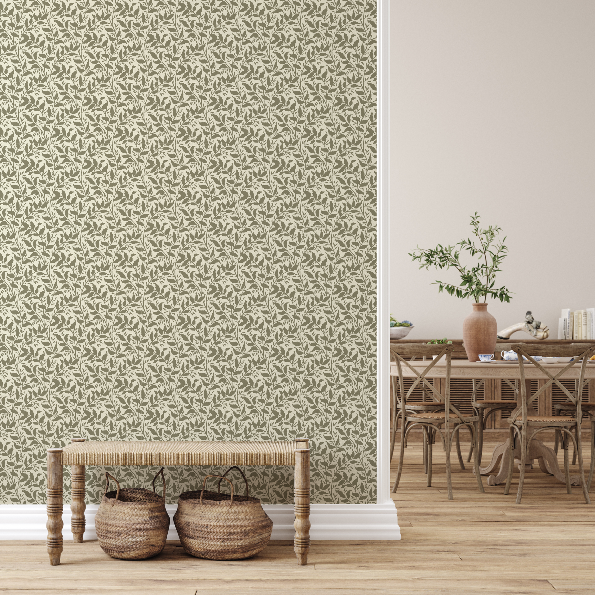 Jess botanical floral wallpaper in sage green and cream on a feature wall