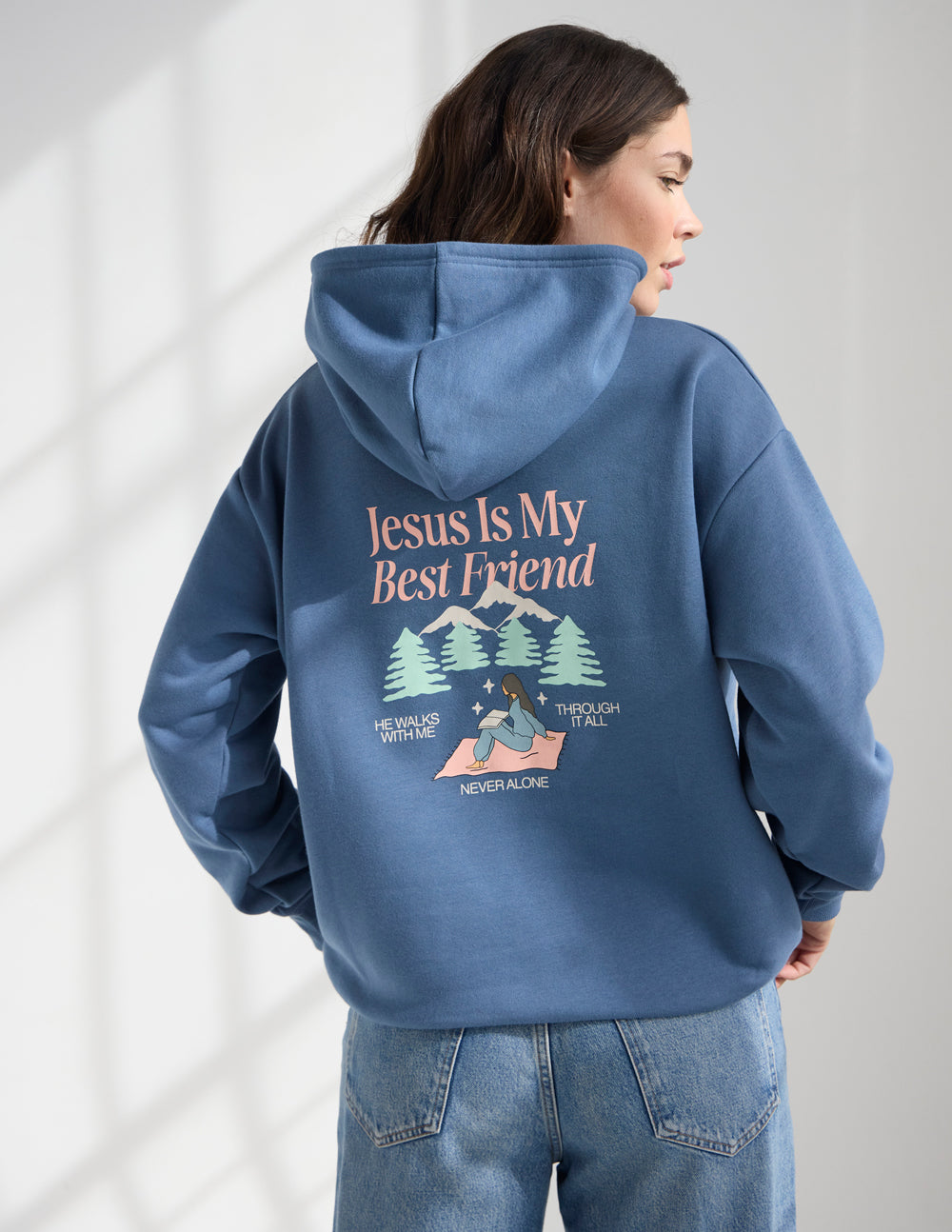 Blue unisex hoodie with Jesus Is My Best Friend minimalist design