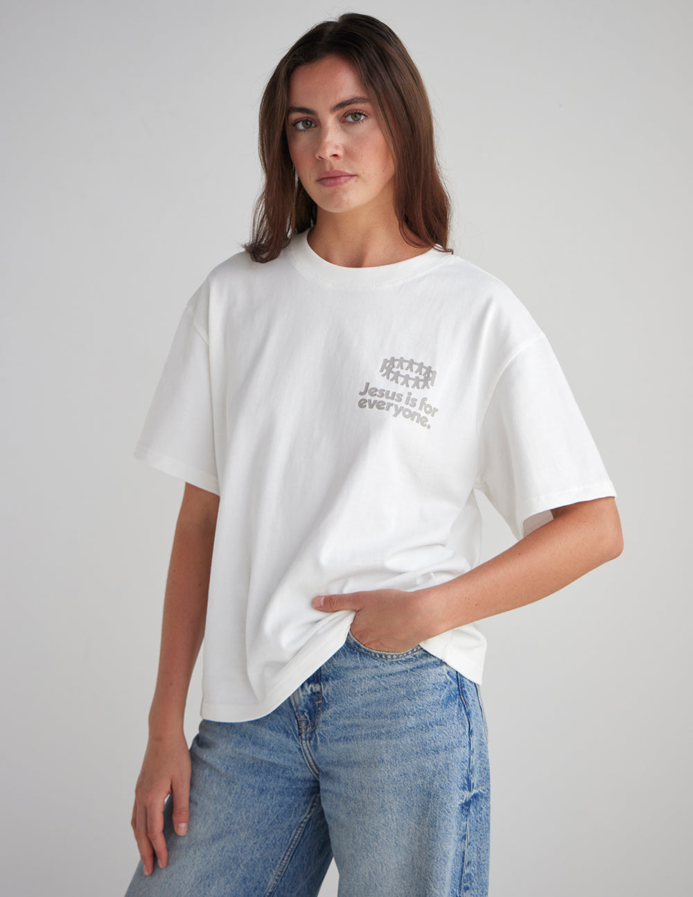 Front view of the Jesus Is for Everyone Heavyweight Tee in a boxy, structured cotton fit