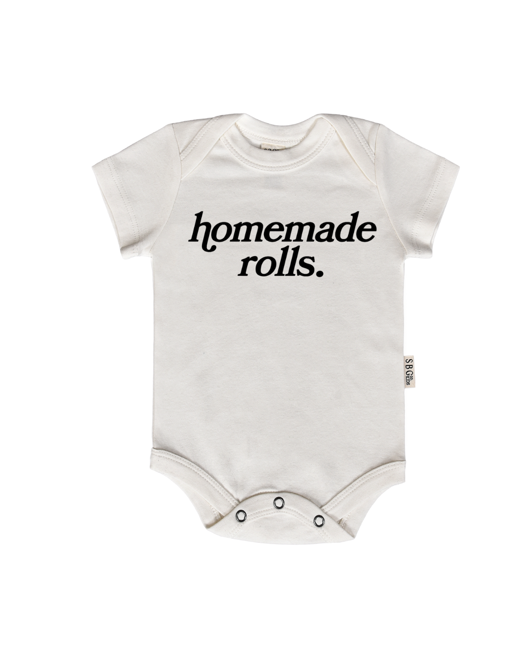 Close up of the Homemade Rolls baby onesie in Natural cotton fabric.