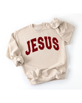 Jesus Varsity Unisex Sweatshirt in Maroon and White featuring a comfortable cotton-fleece crewneck design.