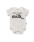 But First, Milk baby onesie in natural color cotton fabric with minimalist graphic