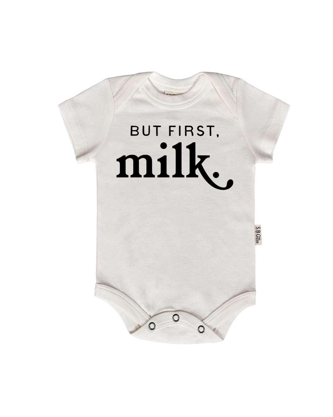 But First, Milk baby onesie in natural color cotton fabric with minimalist graphic
