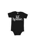 Front view of black Lil' Homie baby onesie by SBG Co. for infants