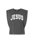 Unisex Jesus Varsity Workout Tank in charcoal grey and white cotton fabric