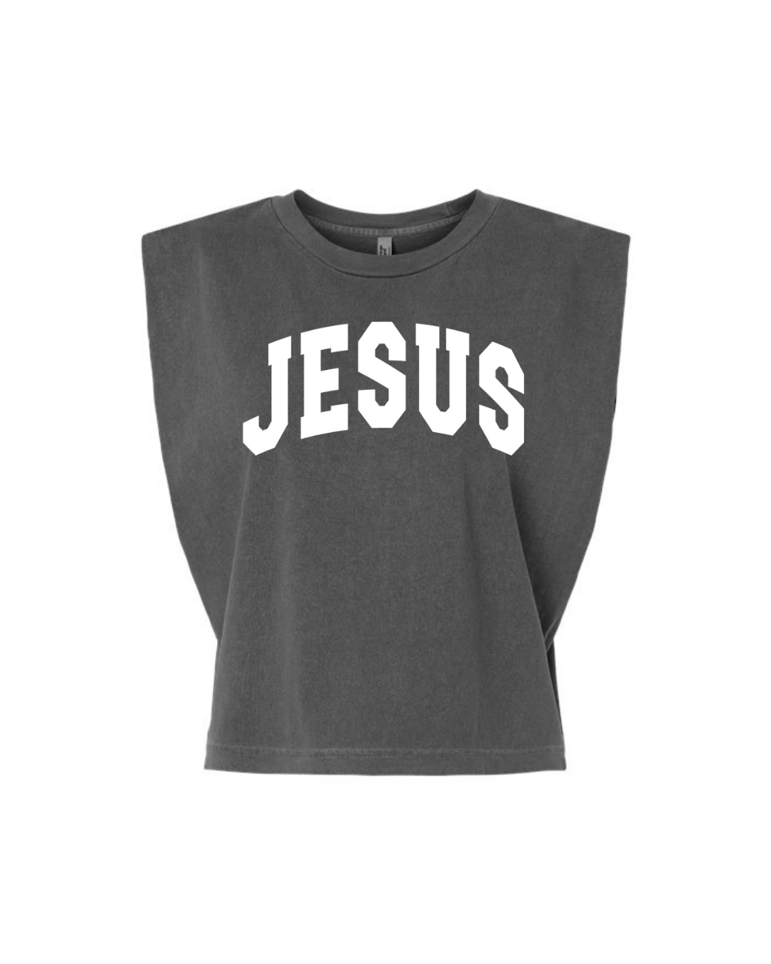 Unisex Jesus Varsity Workout Tank in charcoal grey and white cotton fabric
