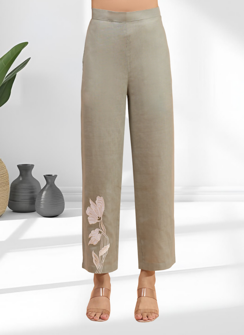 Gray Embroidered Linen Long Kurta with Matching Pants Set