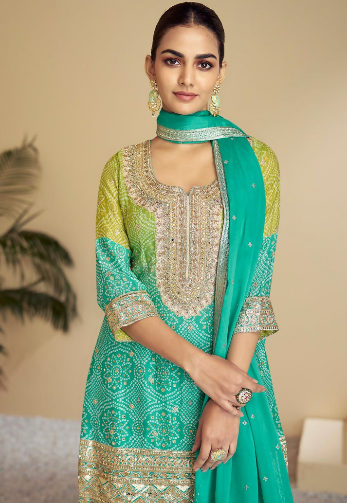 Green and Teal Chinon Embroidered Salwar Kameez - Stitched Suit