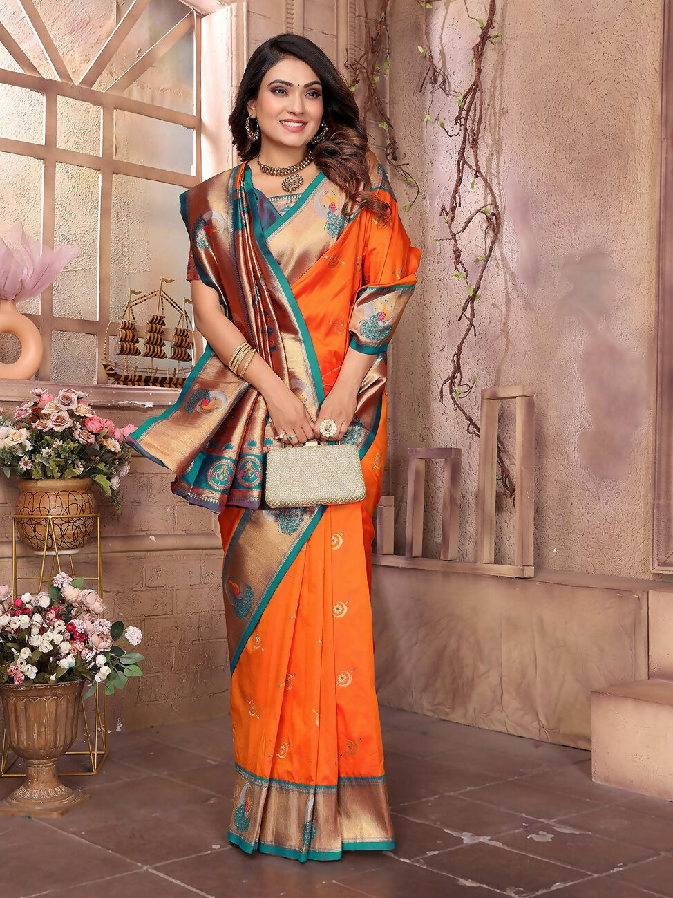 Orange Paithani Woven Soft Silk Saree with Matching Blouse Piece