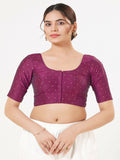 Plum Taffeta Silk front open sleeveless blouse with round neck