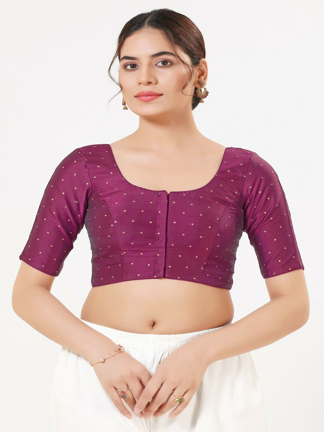 Plum Taffeta Silk front open sleeveless blouse with round neck
