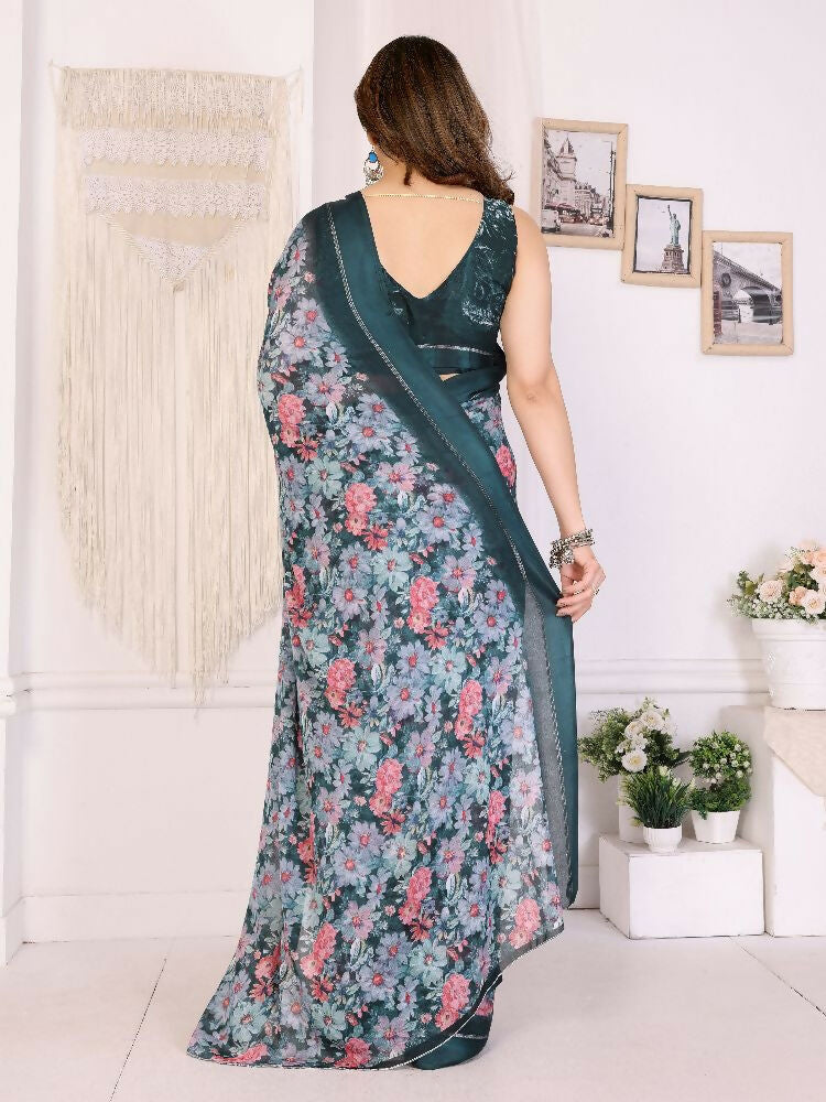 Morpich Bright Moss Satin Printed Saree with Floral Accents