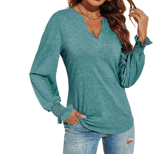 Women Long Sleeve V-Neck Lightweight Sweatshirt with Smocked Cuffs - Image 13