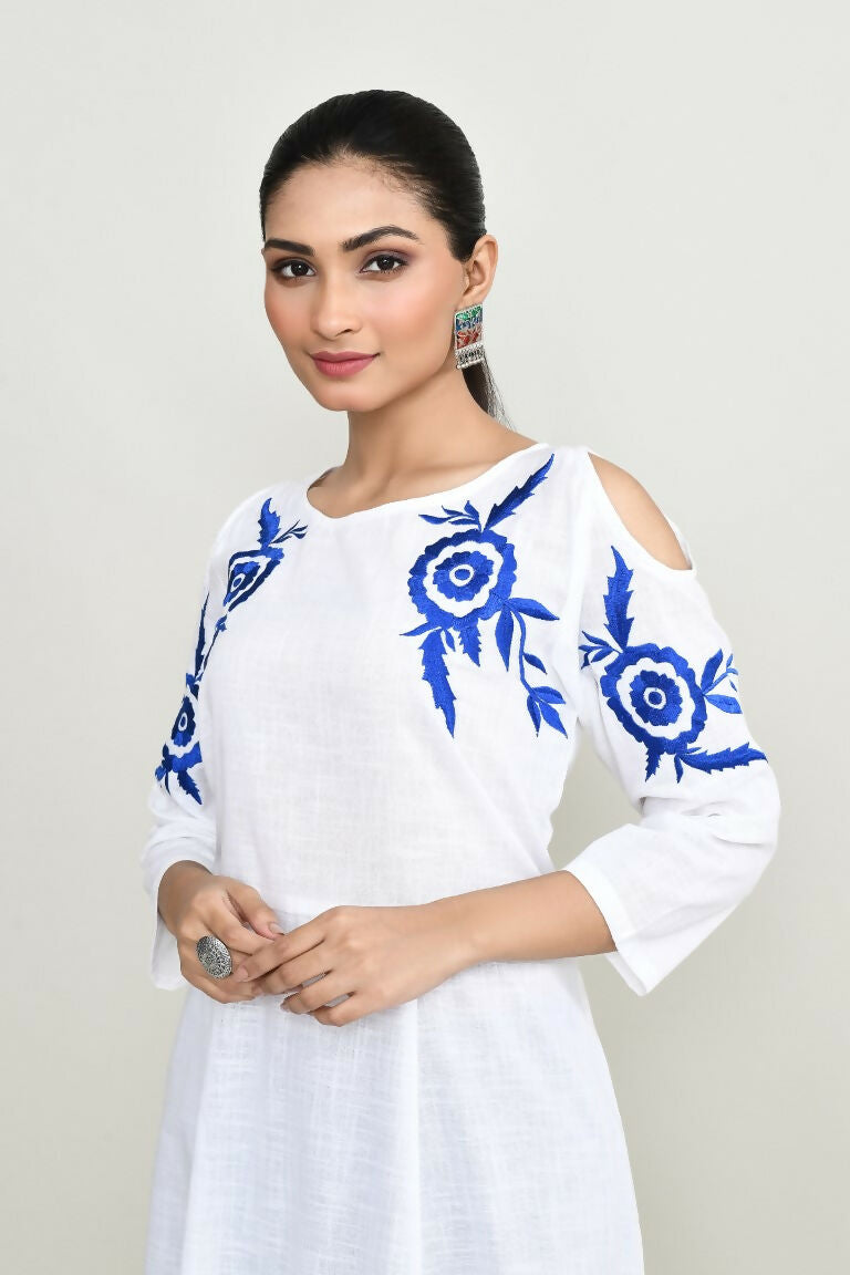 White Rayon Kurta Set with Dupion Silk Bottoms - Ethnic 2-Piece