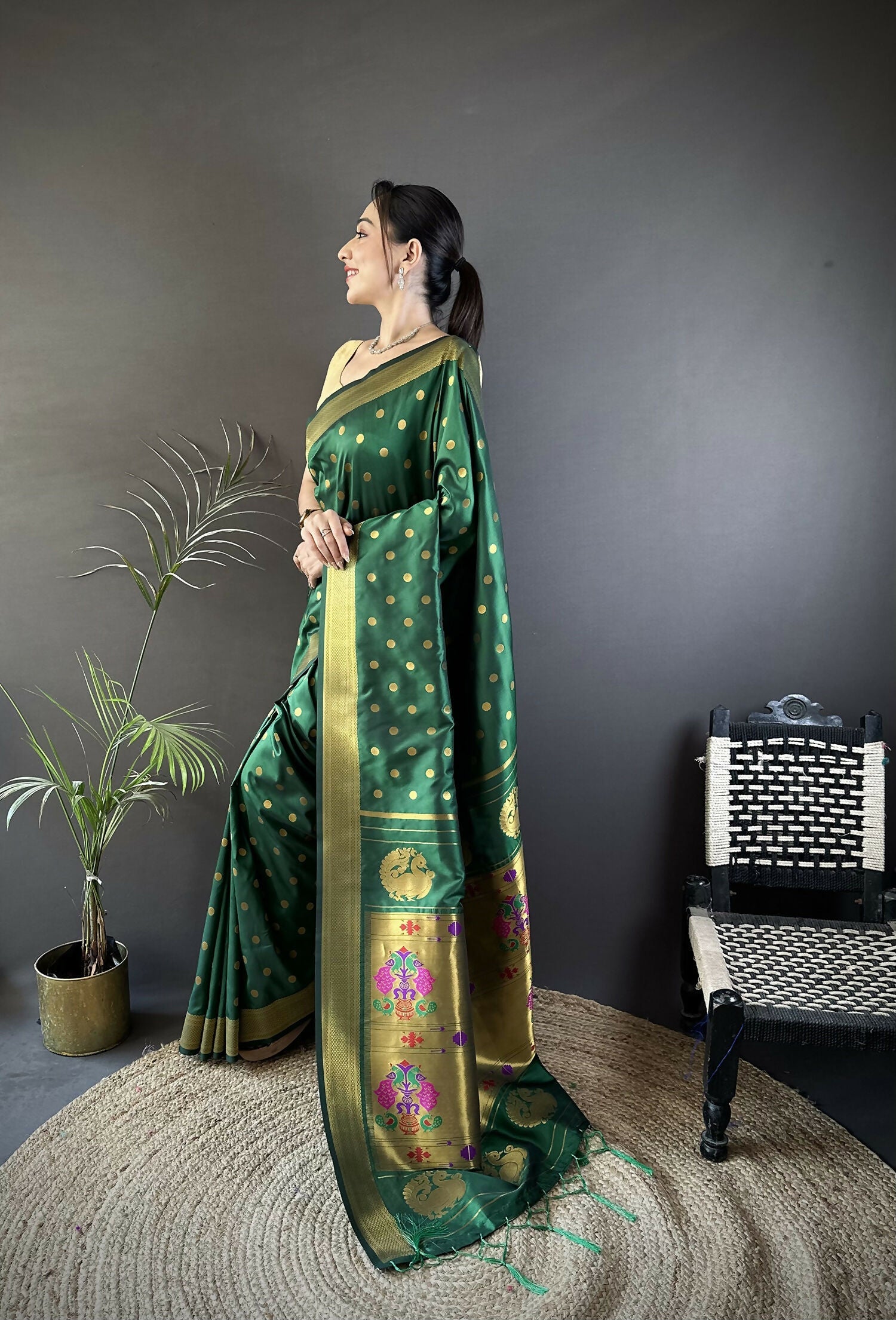 Green Polka Dot Lichi Silk Paithani Saree with Matching Blouse