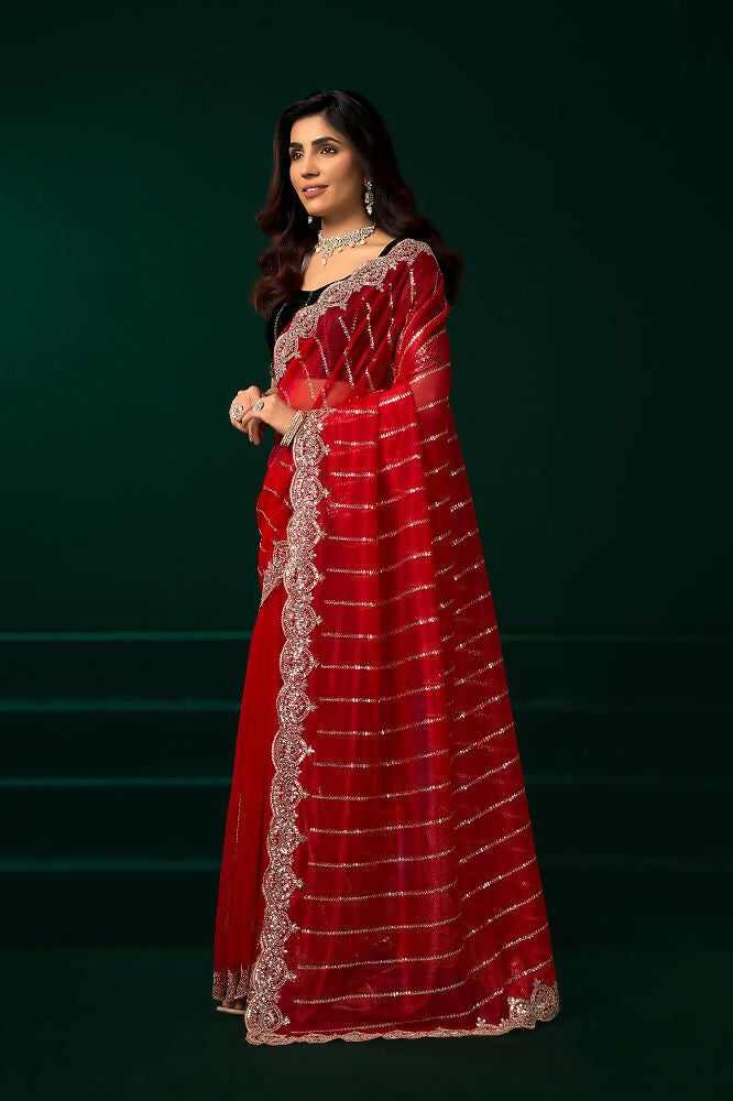 Red Net Party Wear Saree with Black Velvet Blouse