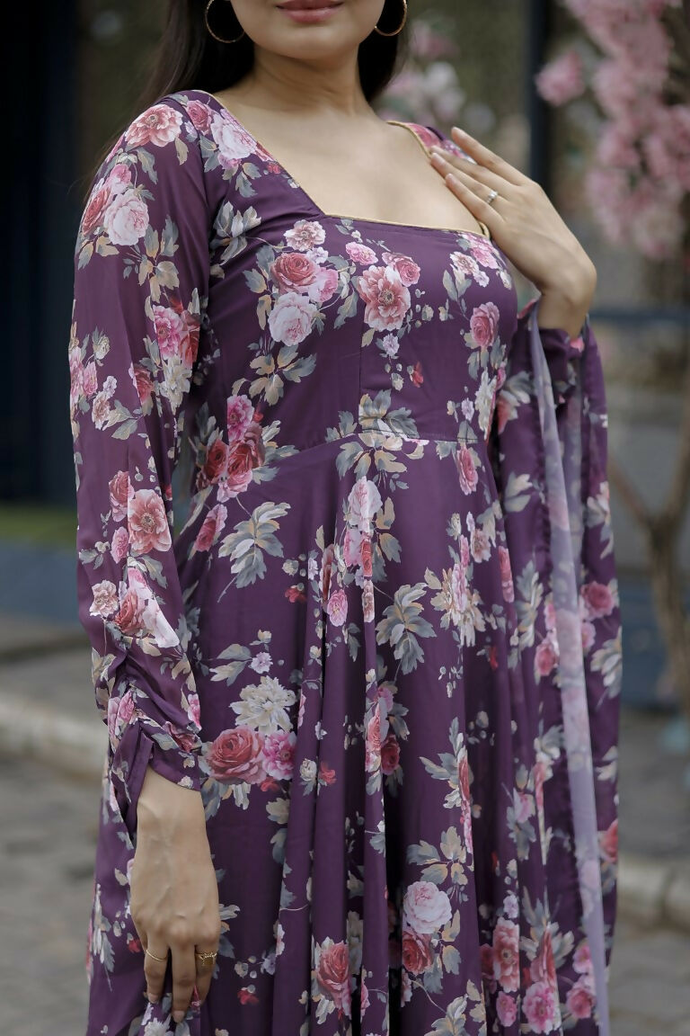 Wine Faux Georgette Floral Printed Anarkali Dress with Dupatta